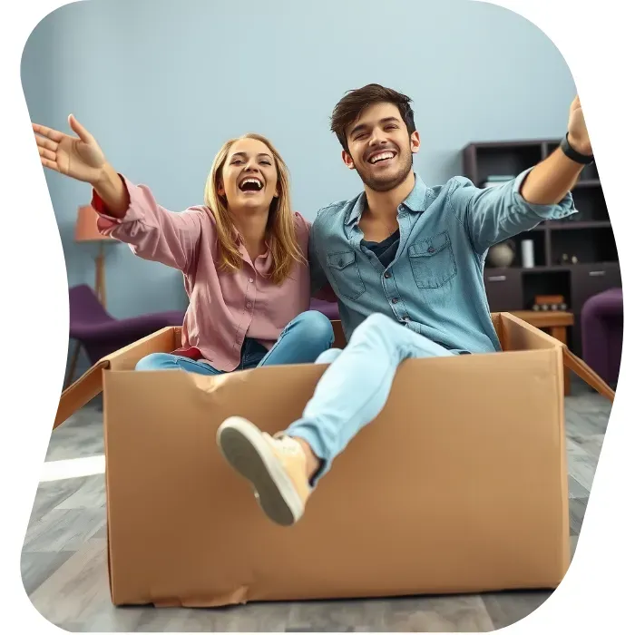 Two guys sitting on the floor of their apartment with Muval moving boxes